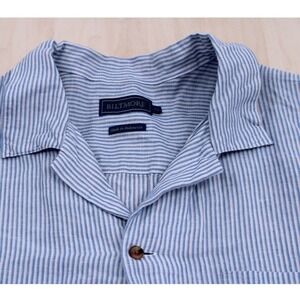 Mens Biltmore Coastal Striped Linen Blend Shirt XL Blue Short Sleeve Button Down